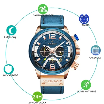 WISHDOIT ir 2021. Vīriešu Ikdienas Jaunas Skatīties Blue Top Zīmola Luksusa Militāro Ādas Skatīties Vīriešu Pulkstenis Modes Chronograph Watch