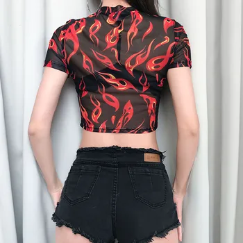 Wmen Vasaras 2020. Gadam Īsām Piedurknēm Modes Uguns Iespiests T-Krekls Skatīt caur Sietu Caurspīdīgs Tops Atdzist Modes Slim O-veida kakla Sieviete