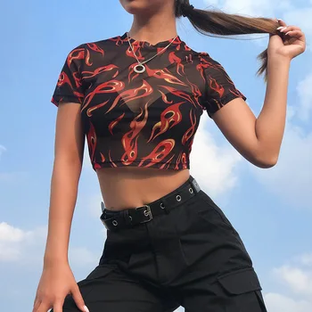 Wmen Vasaras 2020. Gadam Īsām Piedurknēm Modes Uguns Iespiests T-Krekls Skatīt caur Sietu Caurspīdīgs Tops Atdzist Modes Slim O-veida kakla Sieviete