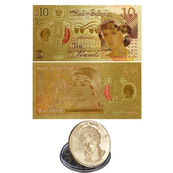 WR Monētu un Banknošu Uzstādīt Diana, Princess Zelta Pārklājumu Metāla Monētas Krāsas Zelta Banknošu 10 Mārciņas Viltus Rēķinus par Kolekciju