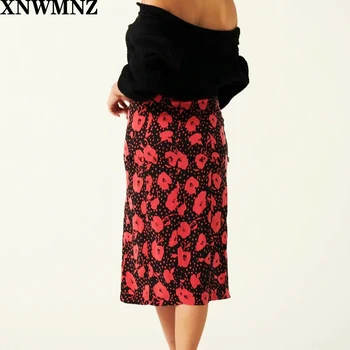 XNWMNZ 2020 ZA Vintage Sadalīt Sieviešu Svārki Midi Svārki Gadījuma Sarkano Ziedu Drukāt Sieviešu Svārki Francija Melni Svārki