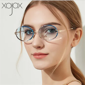 XojoX Sieviešu Modes Bez Apmales Brilles Luksusa Zīmolu Dizainera Matel Rāmi, Ovālas Saules Brilles Slīpums Toņos Briļļu Dāmas Aizsargbrilles