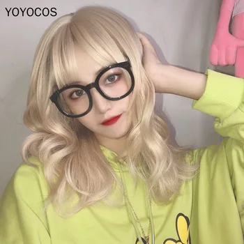 YOYOCOS Lolita Kawai Bēša vidēja Cirtaini Mati 45CM Dienas Parūka karstumizturīgs Sythentic Matu Cute Anime Cosplay Party Festivāls Parūkas