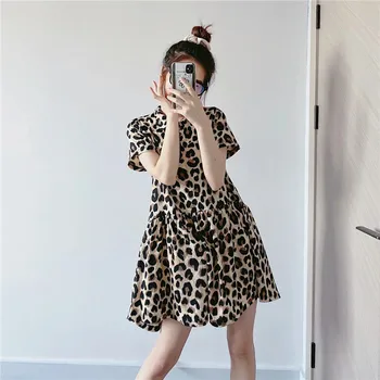 Za Kleita Sievietēm 2020. Gadam Teksturētu Pogu Leopard Īsu Kleitu Sieviete Vasaras Modes Dzīvnieku Print Gredzenūbele Īsām Piedurknēm Dāmas Kleitas