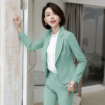Zaļā Sieviešu oficiālu Sieviešu Bikses Uzvalki Classic Biroja Dāma Biznesa Pantsuit Žakete Bikšu Kostīms noteikts Darba valkāt Vienādus Tērpus