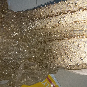 Zelta krāsā pielīmē spīguļi, vizuļi mežģīņu auduma ar pilnu krelles BZL-1147 Augstas kvalitātes Āfrikas vizuļi mežģīņu auduma puse kleita