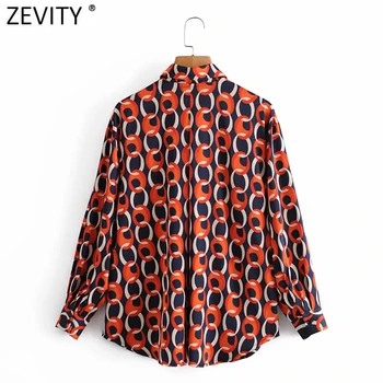 Zevity 2021. gada Pavasara Sieviešu Vintage Kontrasta Krāsu Ķēdes Drukāt Ikdienas Blūze Biroja Dāmas Biznesa Krekli Šiks Chemise Topi LS7486