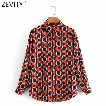 Zevity 2021. gada Pavasara Sieviešu Vintage Kontrasta Krāsu Ķēdes Drukāt Ikdienas Blūze Biroja Dāmas Biznesa Krekli Šiks Chemise Topi LS7486