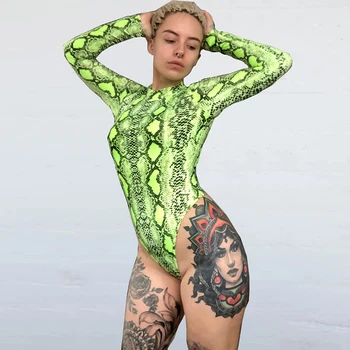 ZHYMIHRE Sexy Neona Zaļā Čūska Drukāt Bodysuit Sieviešu Jumpsuit ar garām Piedurknēm O Kakla Sievietes Ķermeņa Combinaison Femme Serpentīns Kopumā
