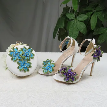 Ziedu kāzu kurpes ar atbilstošas somas, Augsti papēži Atvērtu Purngalu Potītes Siksna Vasaras Sandales, kurpes un soma, noteikt Augstas Kurpes Sieviete
