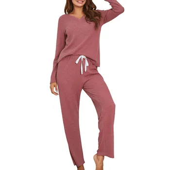 Ziemas Sieviešu Pidžamas Komplekts Modes Sexy V-veida Kakla Džemperis ar garām Piedurknēm T-krekls ar garām Biksēm Cietā Loungewear Sleepwear Mājas apstākļos