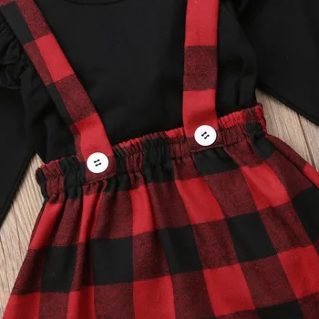 Ziemassvētku Baby Meiteņu Drēbes Tērpiem Fall Winter Savirmot garām Piedurknēm Cietā T-krekls Pleds Kopumā siksna Kleita Komplekts
