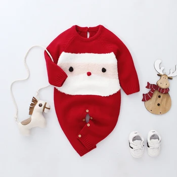 Ziemassvētku Jaundzimušais Meitene Zēnu Drēbes ar garām Piedurknēm Sarkans Santa Claus Jumpsuit Vilnas Adīt Romper Silts Apģērbs no 0-24M Rudens Ziemas