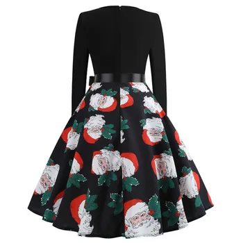 Ziemassvētku Kleita Sievietēm Black Ilgi Ziedu Drukāt Slim Vintage Kleitas Gadījuma ar garām Piedurknēm, Elegants Vakara Puse Balli apģērbu#11.6