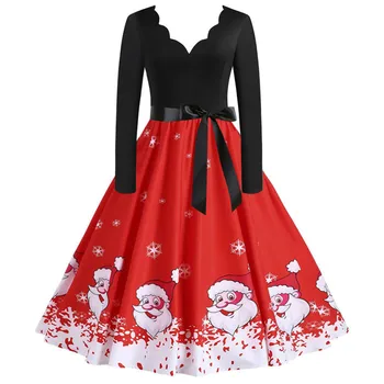 Ziemassvētku Kleita Sievietēm Black Ilgi Ziedu Drukāt Slim Vintage Kleitas Gadījuma ar garām Piedurknēm, Elegants Vakara Puse Balli apģērbu#11.6
