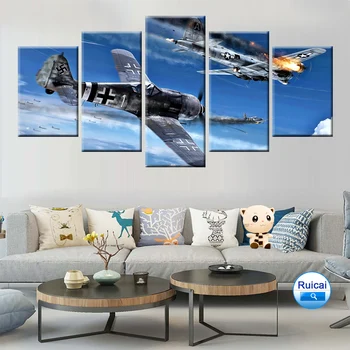 Zilas Debesis Bomber Gaisa kuģa Audekla Gleznu Plakātu Sienas Māksla Bērnu Istabas Unikālu Dāvanu Sienu 5 Moduļu Gabalu