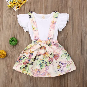 Zīdainis, Mazulis Baby Girl Apģērbu Lidot Piedurknēm Topi+Ziedu Kleita Vasaras Apģērbu Komplekts 2GAB