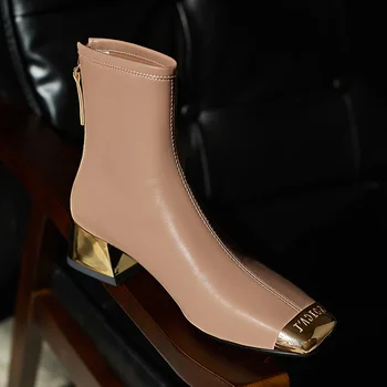 Zīmola stiept auduma potītes zābaki sievietēm metāla kvadrātveida kājām augstpapēžu kurpes sievieti augstpapēžu scock zābaki dāmas puses kurpes sūknis