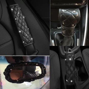Ādas Crystal Diamond Automašīnu Pārnesumu Pārslēgs Aptver Auto, Rokas Bremzes Drošības Jostu Vāks Atpakaļskata Spoguļa Vāciņš Interjera Aksesuāri