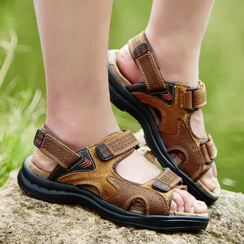 Īstas ādas vīriešu sandales zamšādas ādas sandalias hombre pātagot vīriešu vasaras kurpes, čības āra gadījuma vīriešu sandales