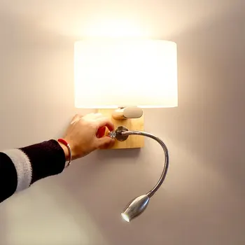 Ķīnas koridorā gultas lampa, koka Led sienas lampa Ziemeļvalstu guļamistaba audums auduma lasījumā apgaismes armatūru viesnīcas numuru led sienas sconc